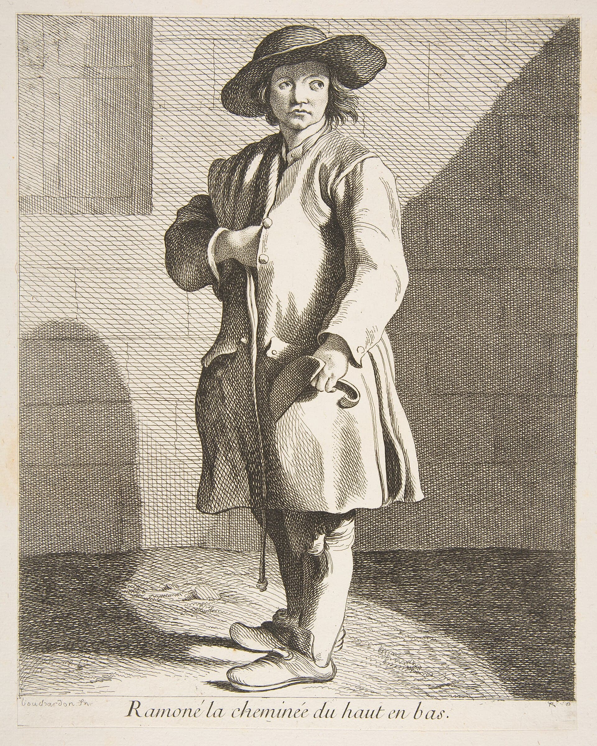 An 18th-century etching of a young chimney sweep in a hat and long coat holding a scraper
